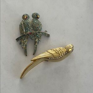 Turquoise double bird brooch and cream & crystal Parrot Brooch Set